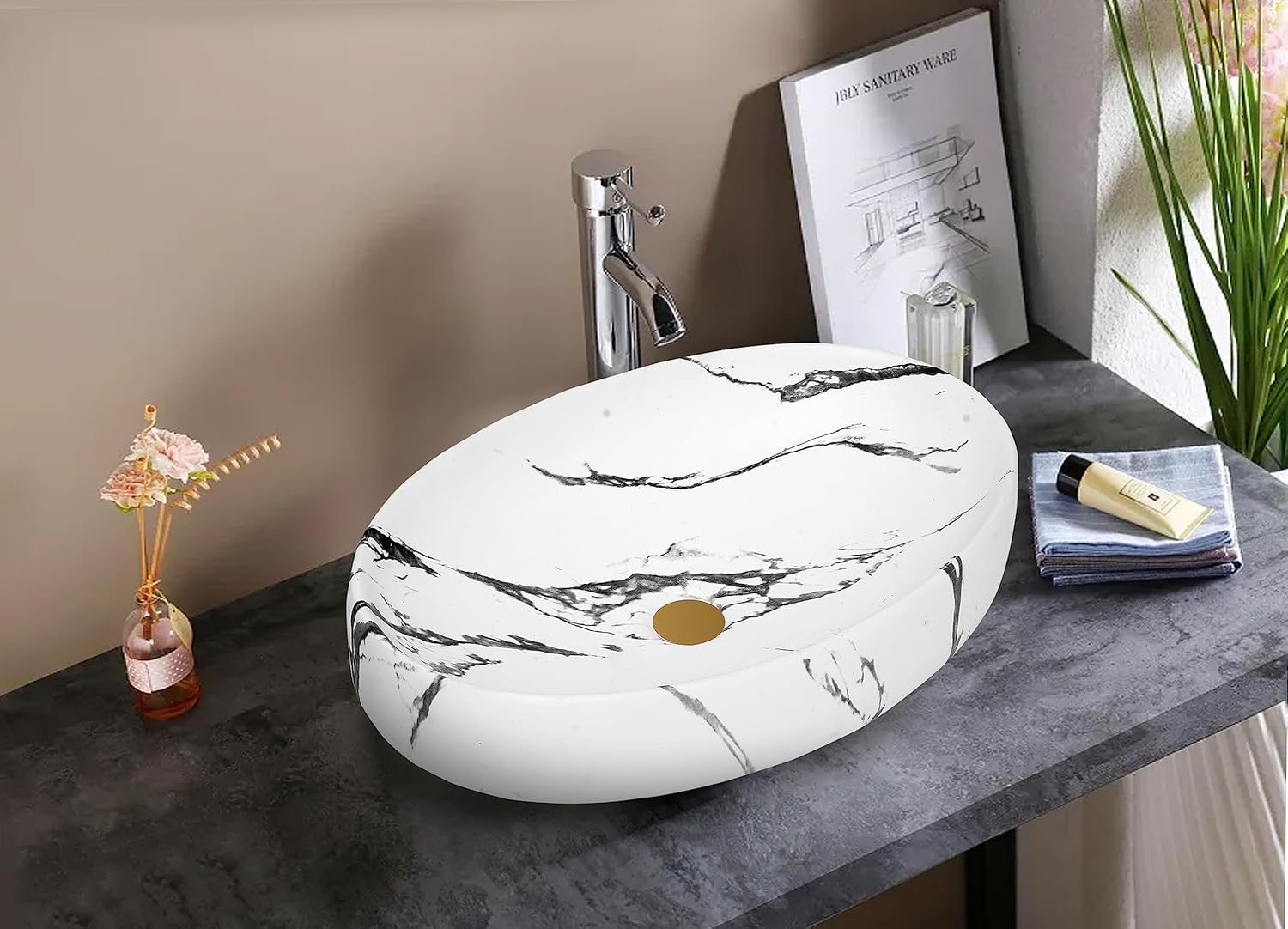 REMANENCE Ceramic Countertop Wash Basin for Designer Bathroom, Boutique Hotels, Luxury Homes (24 x 15 x 6 Inch) (White Black)