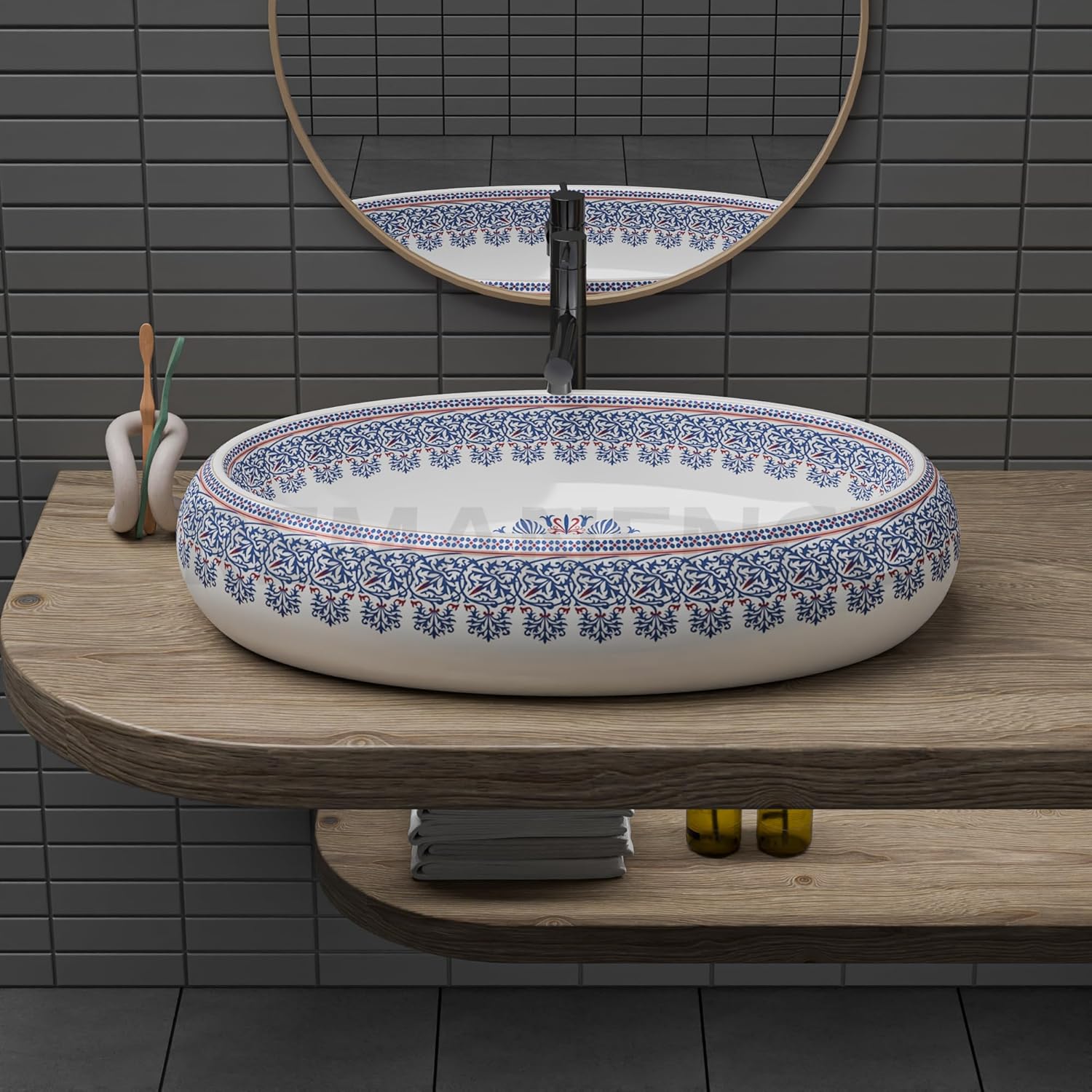 REMANENCE-ROUND Premium Countertop Wash Basin for Luxury Bathrooms, Boutique Hotels & Resorts, Premium Restaurants & Cafés (24 X 16 X 6 Inch) (T-2261)