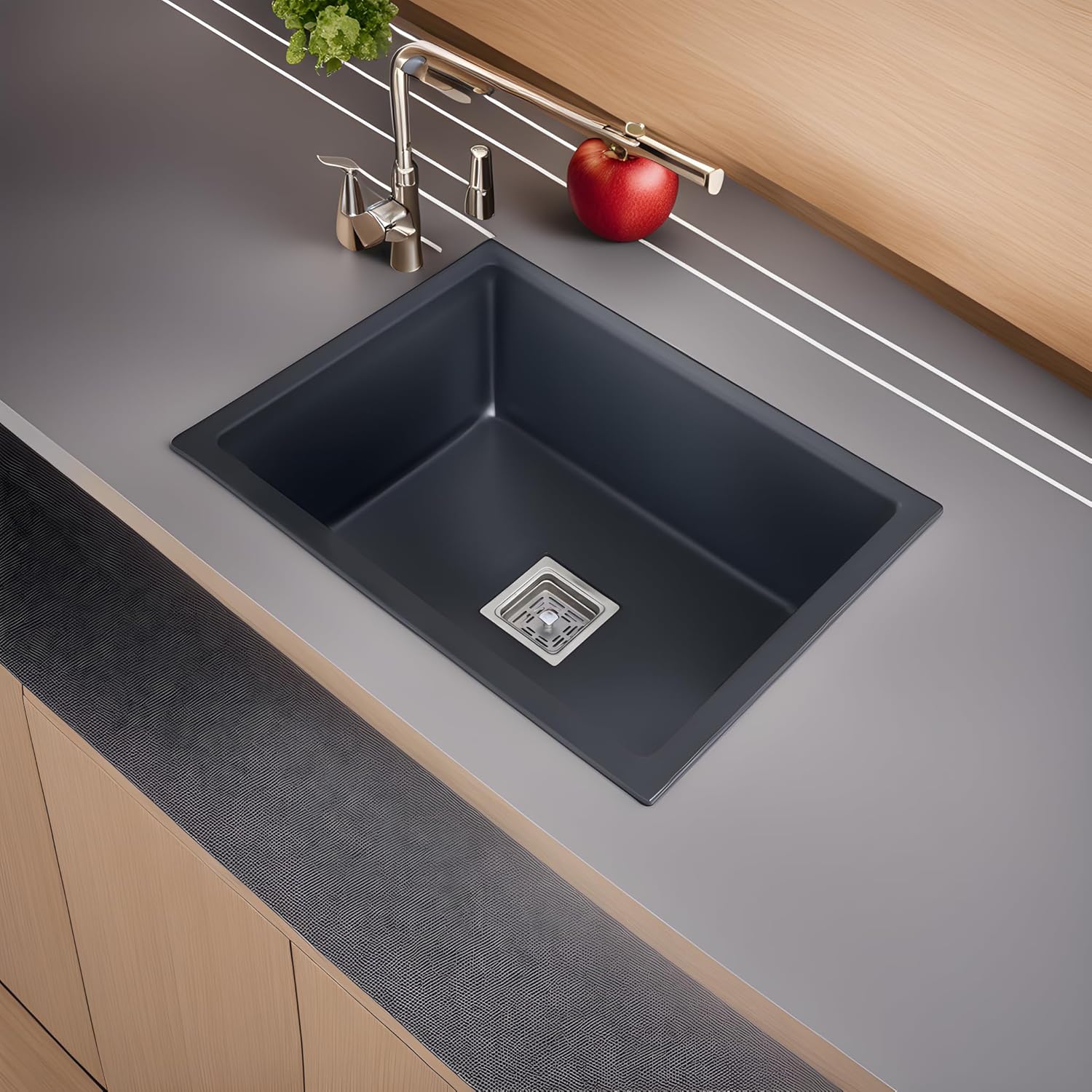 REMANENCE Granite Quartz Single Bowl Kitchen Sink With Drain Board (24 x 18 x 9 Inch)