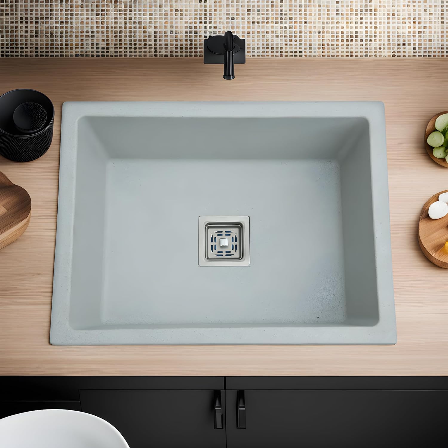 REMANENCE Granite Quartz Single Bowl Kitchen Sink With Drain Board (24 x 18 x 9 Inch)