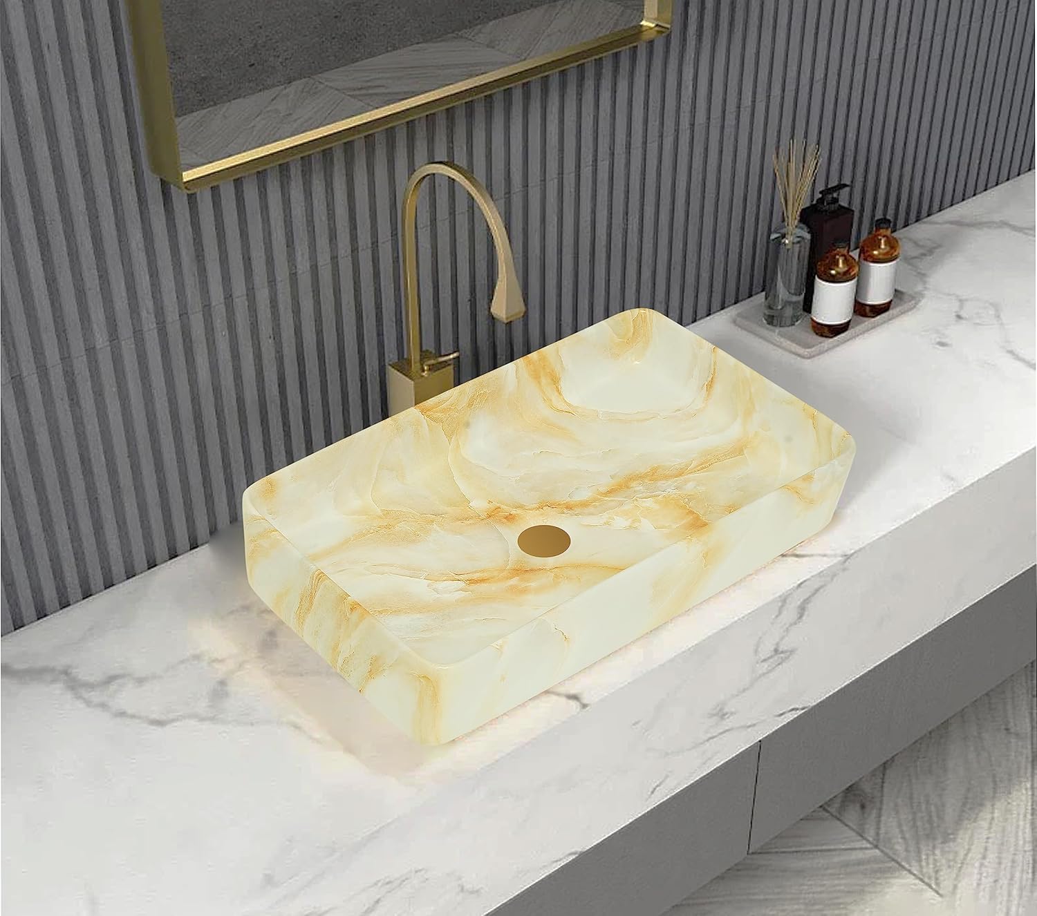 REMANENCE Designer Countertop Ceramic Wash Basin For Bathroom (24 x 14 x 5 Inch) (Designer White N Orange)