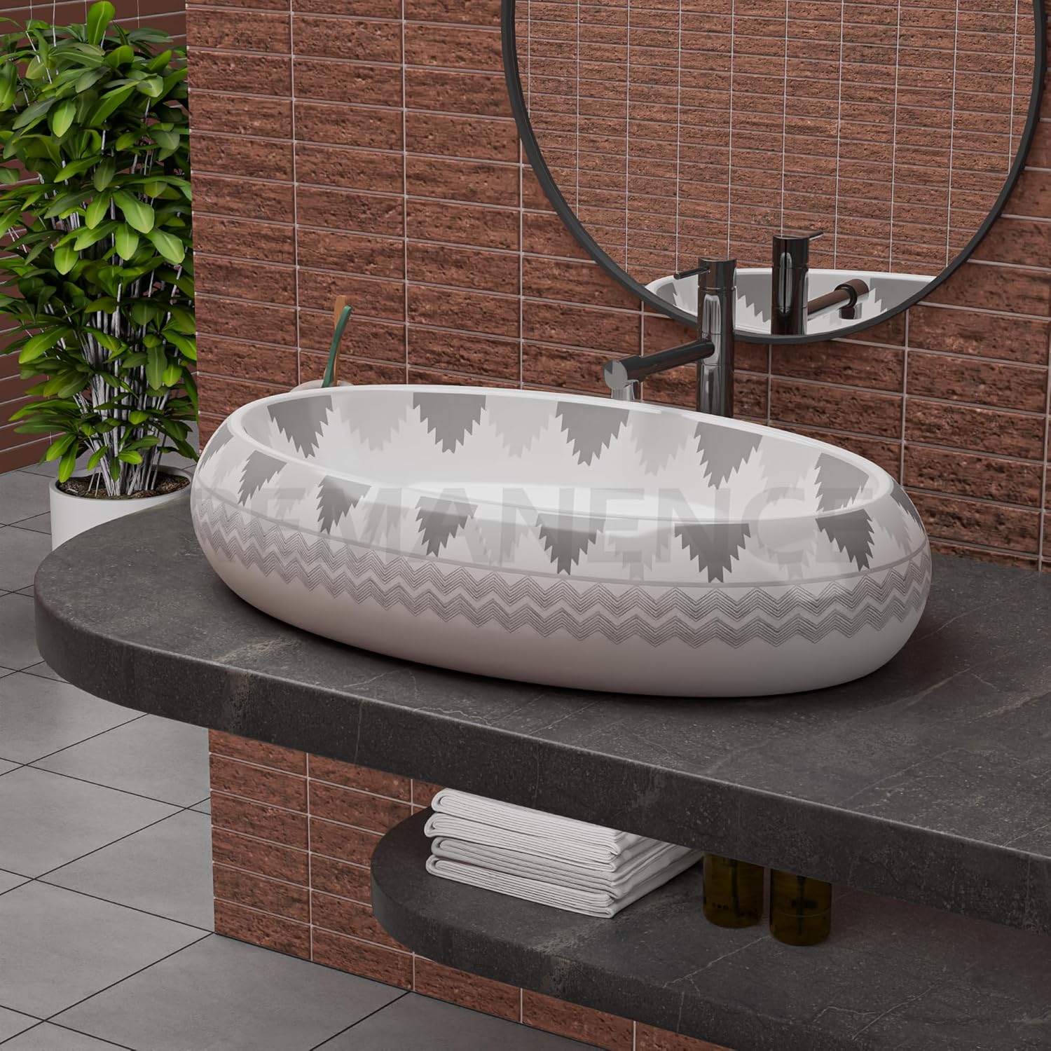 REMANENCE-ROUND Premium Countertop Wash Basin for Luxury Bathrooms, Boutique Hotels & Resorts, Premium Restaurants & Cafés (24 X 16 X 6 Inch) (T-2256)