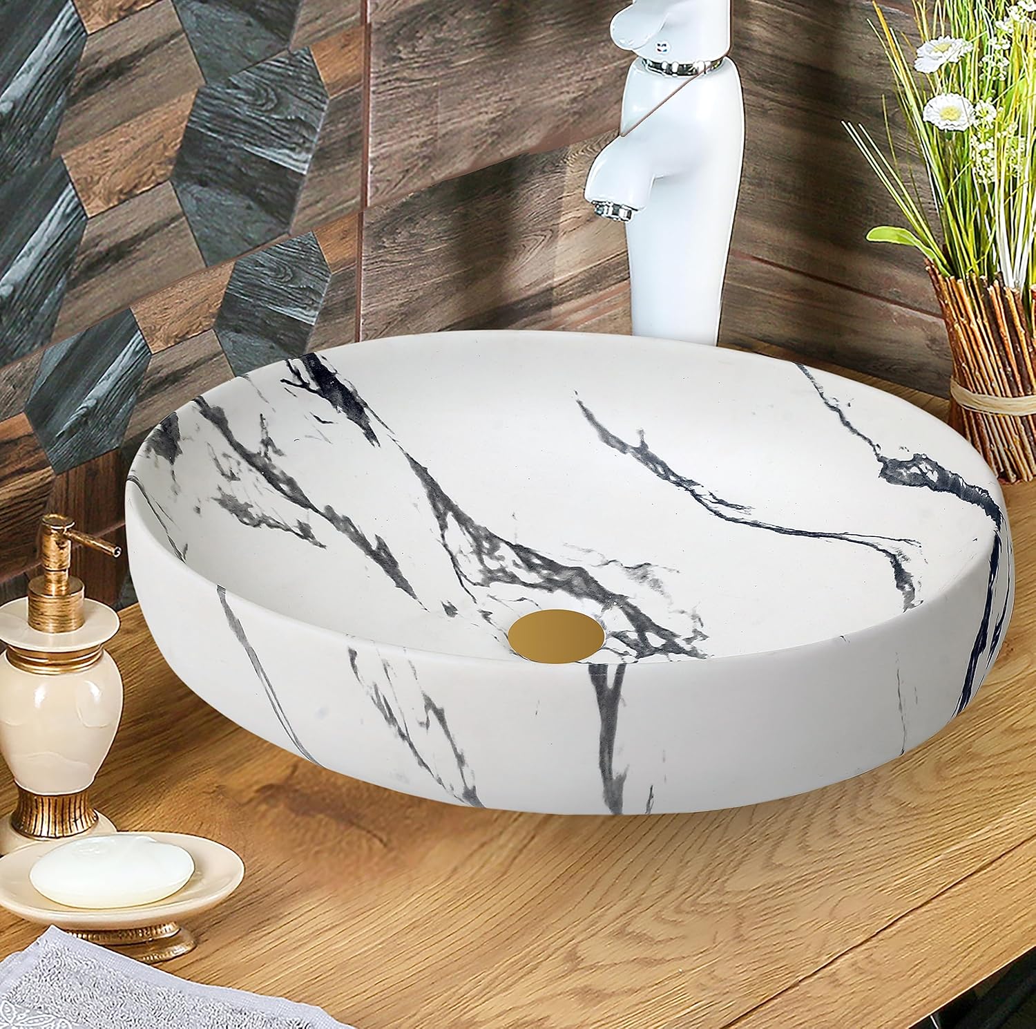 REMANENCE Ceramic Countertop Wash Basin for Designer Bathroom, Boutique Hotels, Luxury Homes (24 x 15 x 6 Inch) (White Black)