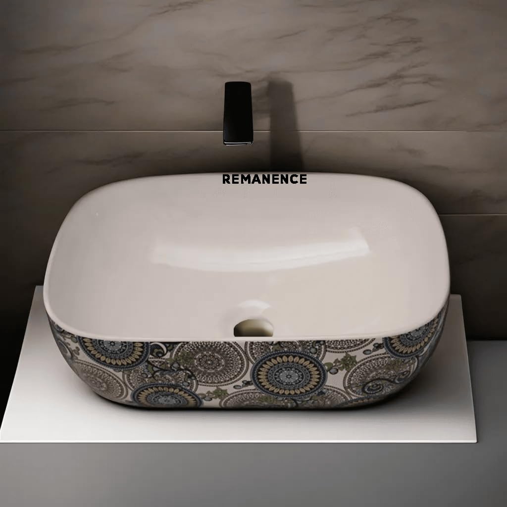 REMANENCE Premium Designer Table Top Wash Basin For Designer Bathrooms, Luxury Homes, Boutique Hotels (18 x 13 x 5.5 Inch) (AD 01 White N Green)