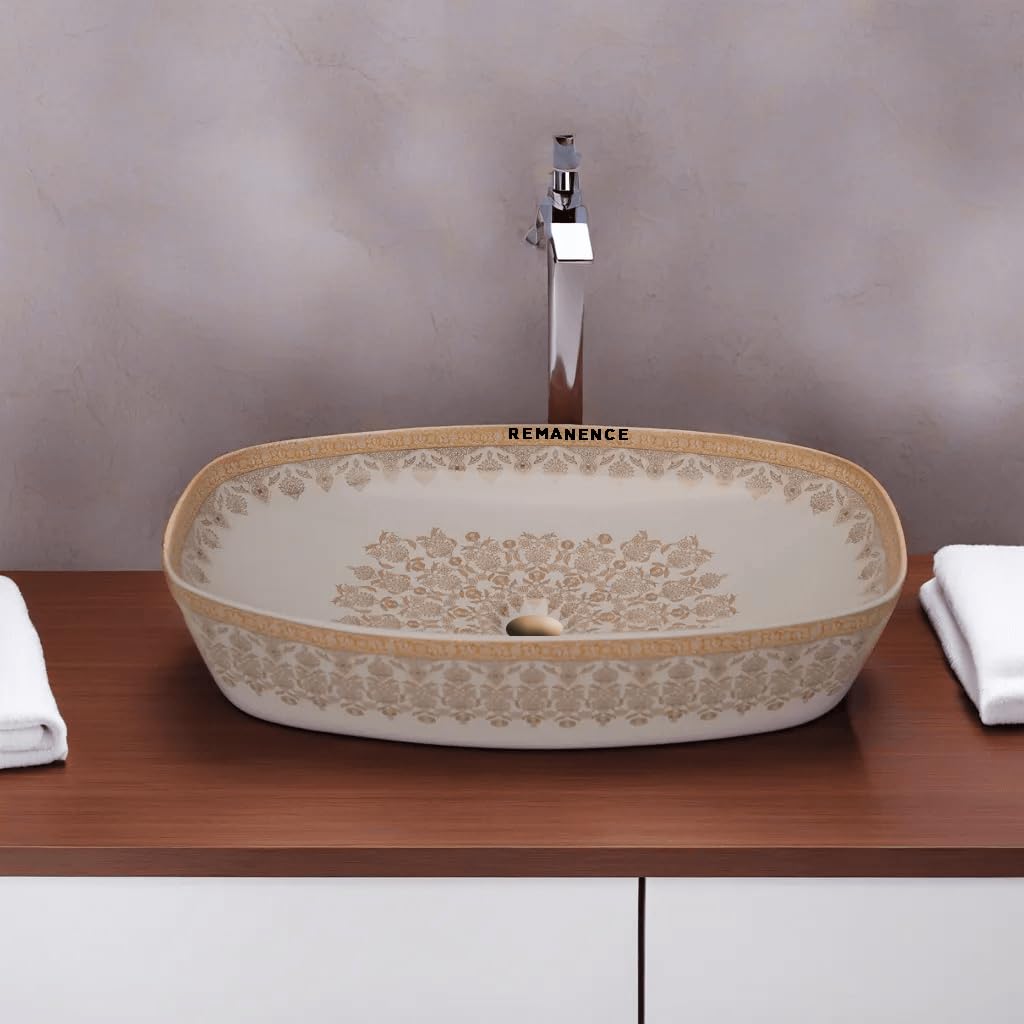 REMANENCE Designer Ceramic Table Top Wash Basin for Luxury Bathrooms, Premium Restaurants & Cafés, Boutique Hotels & Resorts, Showrooms & Offices (24 x 15 x 5 Inch) (Moroccan Design CL 92)