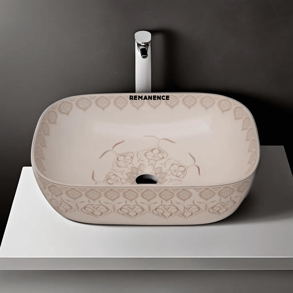 REMANENCE Premium Designer Table Top Wash Basin For Designer Bathrooms, Luxury Homes, Boutique Hotels (18 x 13 x 5.5 Inch) (AD 97 White N Light Grey)