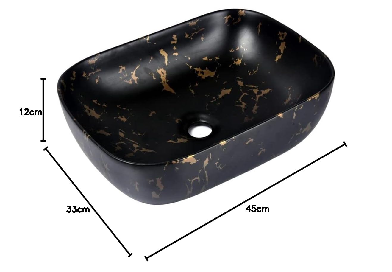 REMANENCE Premium Ceramic Countertop Wash Basin for Premium Restaurants & Cafés, Luxury Bathrooms, Showrooms & Offices (18 x 13 x 5.5 Inch) (Matte Black Golden Design)