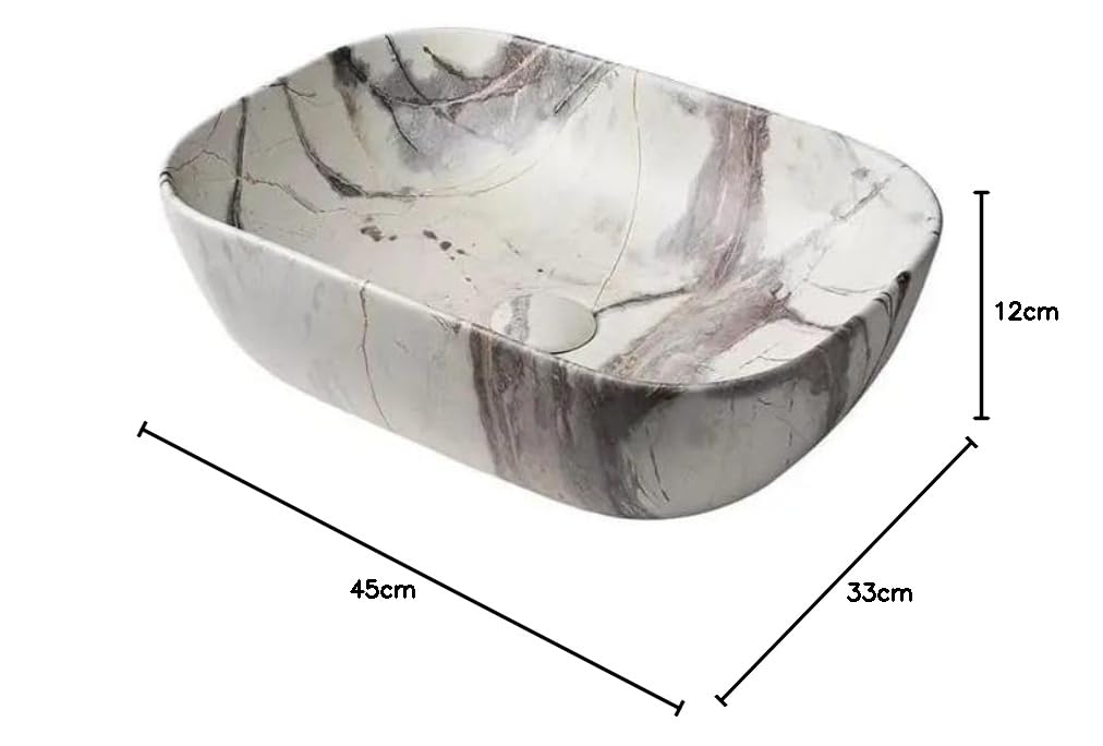 REMANENCE Designer Premium Table Top Wash Basin for Designer Showrooms, Fine-Dining Establishments, Upscale Hospitality Venues (18 x 13 x 5.5 Inch) (Marble Beige Grey)