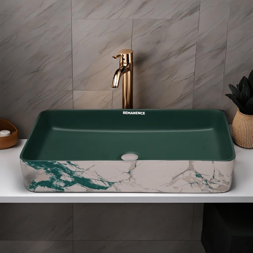 REMANENCE Designer Ceramic Table Top Wash Basin For Bathroom (24 x 14 x 5 Inch) (Designer Green N White SL 57)