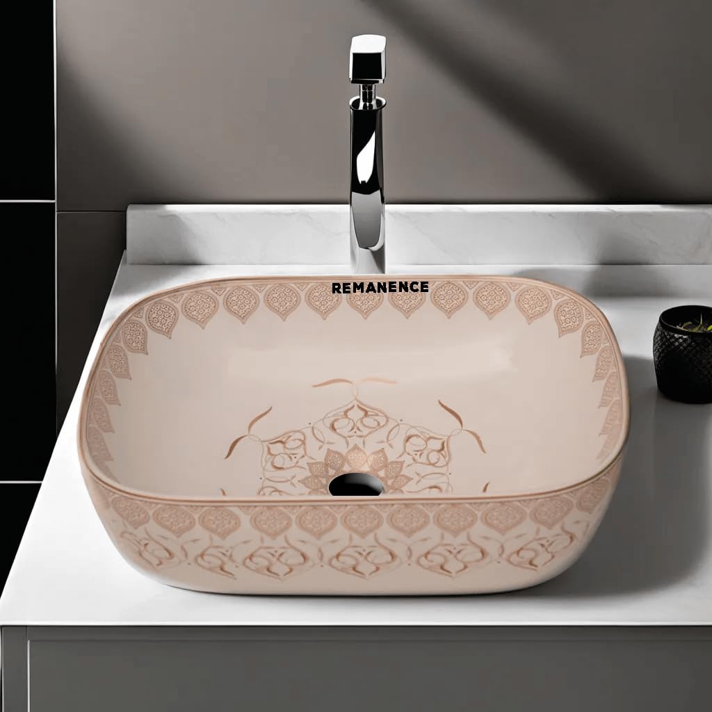 REMANENCE Premium Designer Table Top Wash Basin For Designer Bathrooms, Luxury Homes, Boutique Hotels (18 x 13 x 5.5 Inch) (AD 98 Moroccan Gold-Yellow Design)