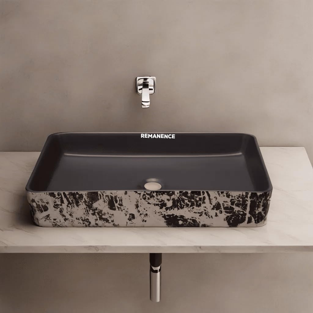 REMANENCE Designer Ceramic Table Top Wash Basin For Bathroom (24 x 14 x 5 Inch) (Designer Grey N White Black SL 53)