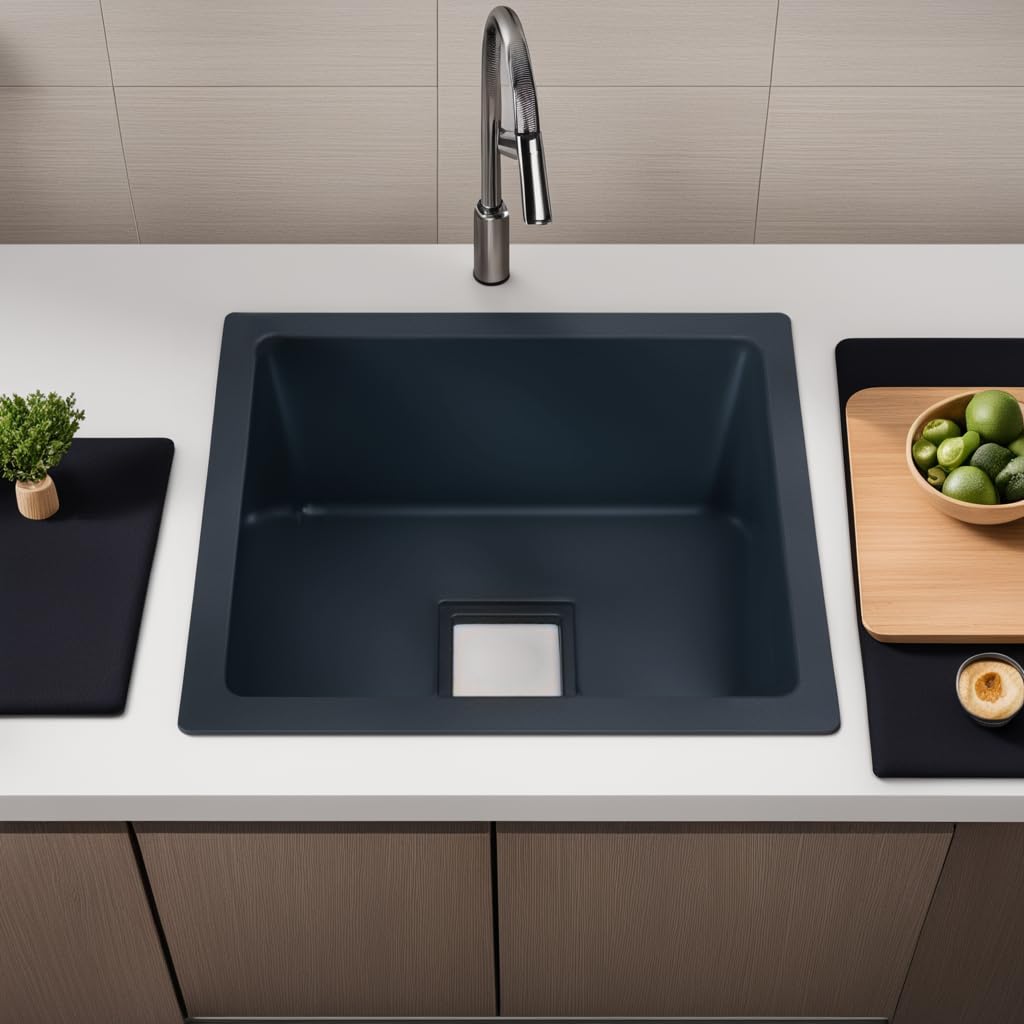 REMANENCE Granite Quartz Single Bowl Kitchen Sink With Drain Board (16 X 18 X 9 Inches)