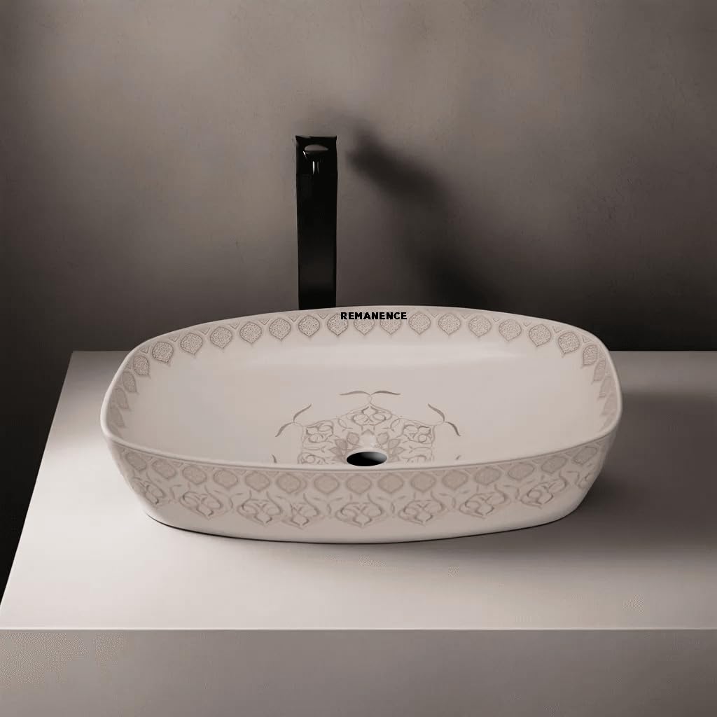REMANENCE Designer Ceramic Table Top Wash Basin for Luxury Bathrooms, Premium Restaurants & Cafés, Boutique Hotels & Resorts, Showrooms & Offices (24 x 15 x 5 Inch) (Moroccan Design CL 94)