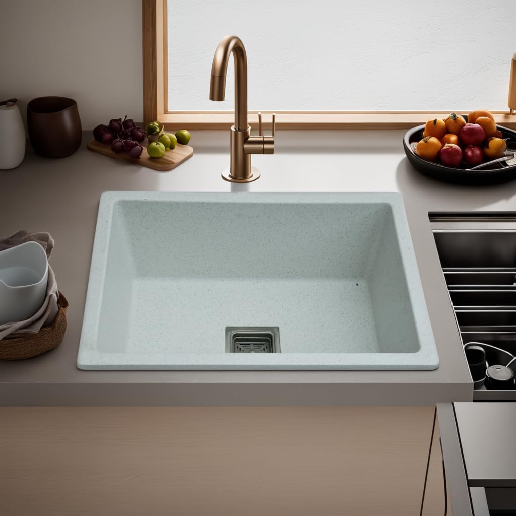 REMANENCE Granite Quartz Single Bowl Kitchen Sink With Drain Board (24 x 18 x 9 Inch)