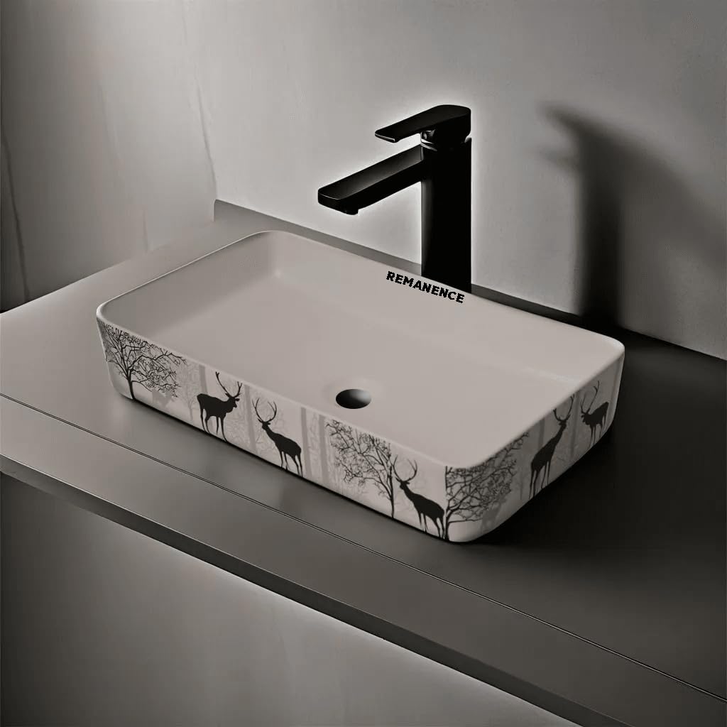 REMANENCE Designer Ceramic Table Top Wash Basin For Bathroom (24 x 14 x 5 Inch) (Animal Print SL 06)