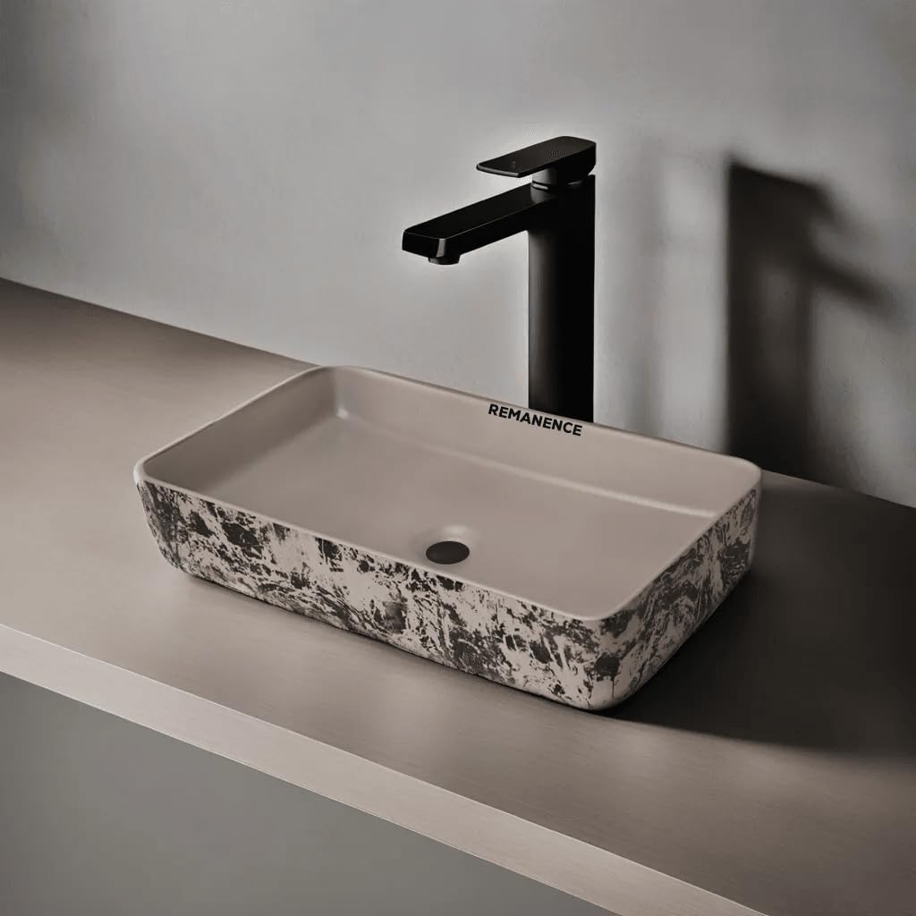 REMANENCE Designer Ceramic Table Top Wash Basin For Bathroom (24 x 14 x 5 Inch) (Designer White N Black SL 52)