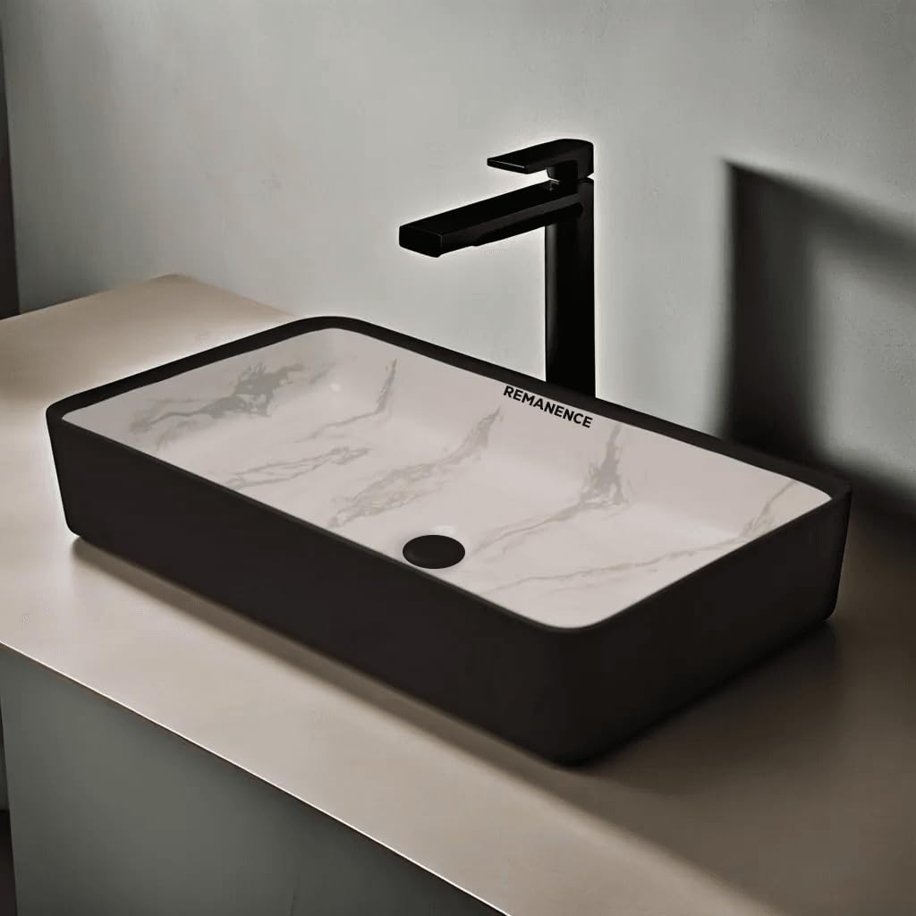 REMANENCE Designer Ceramic Table Top Wash Basin For Bathroom (24 x 14 x 5 Inch) (Designer Black N Grey Stripe SL 66)