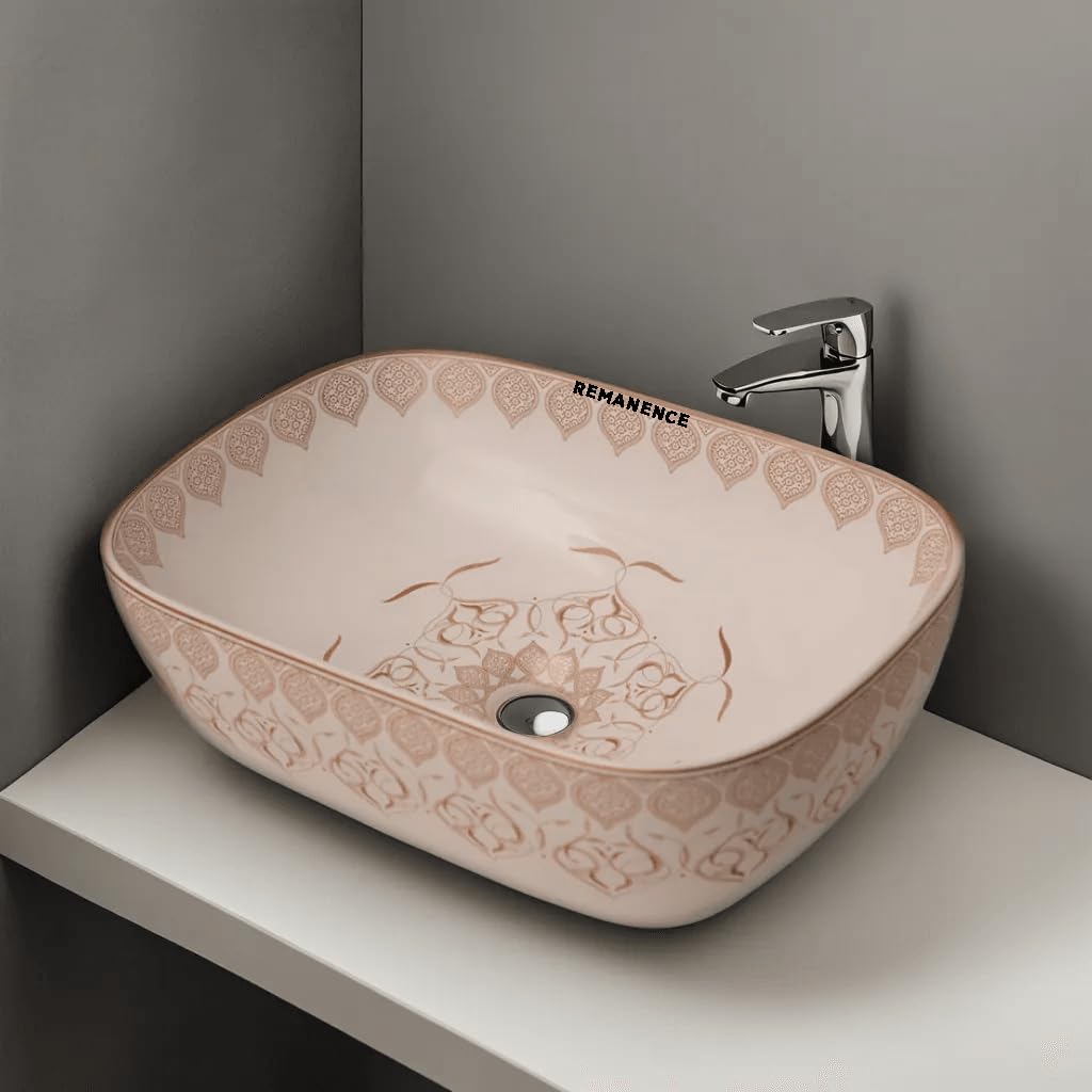 REMANENCE Premium Designer Table Top Wash Basin For Designer Bathrooms, Luxury Homes, Boutique Hotels (18 x 13 x 5.5 Inch) (AD 98 Moroccan Gold-Yellow Design)