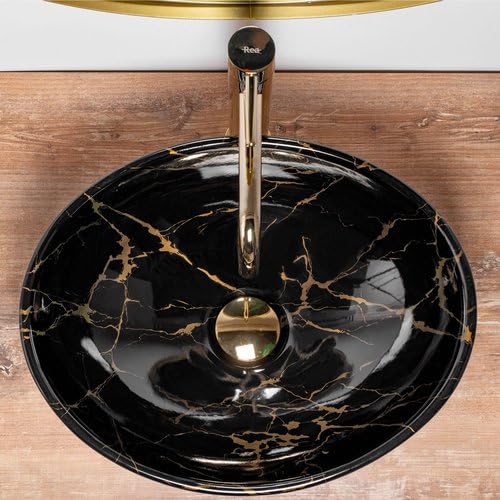 REMANENCE-OVAL Designer Countertop Wash Basin For Bathroom, Restaurant, Living Room (16 x 13 x 5.5 Inch) (Glossy Black & Gold)
