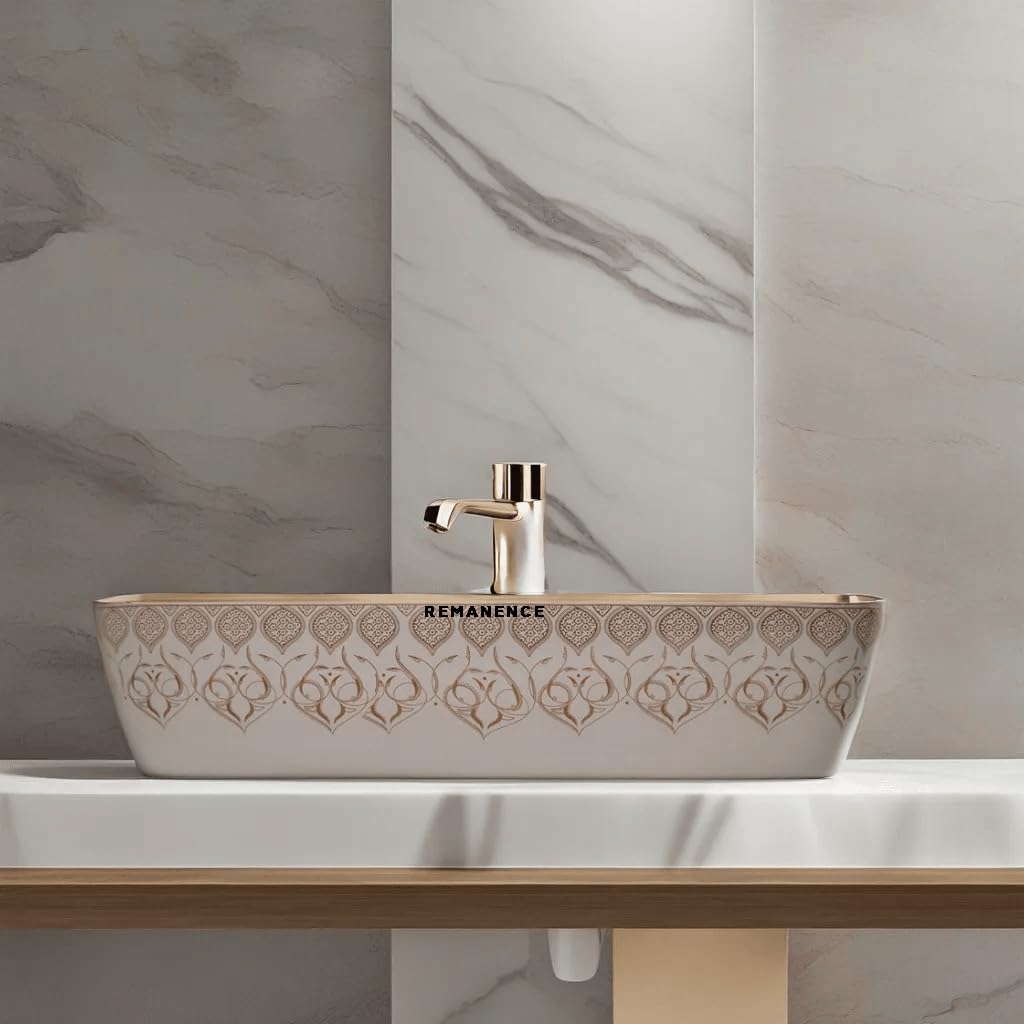 REMANENCE Designer Ceramic Table Top Wash Basin for Luxury Bathrooms, Premium Restaurants & Cafés, Boutique Hotels & Resorts, Showrooms & Offices (24 x 15 x 5 Inch) (Moroccan Design CL 92)