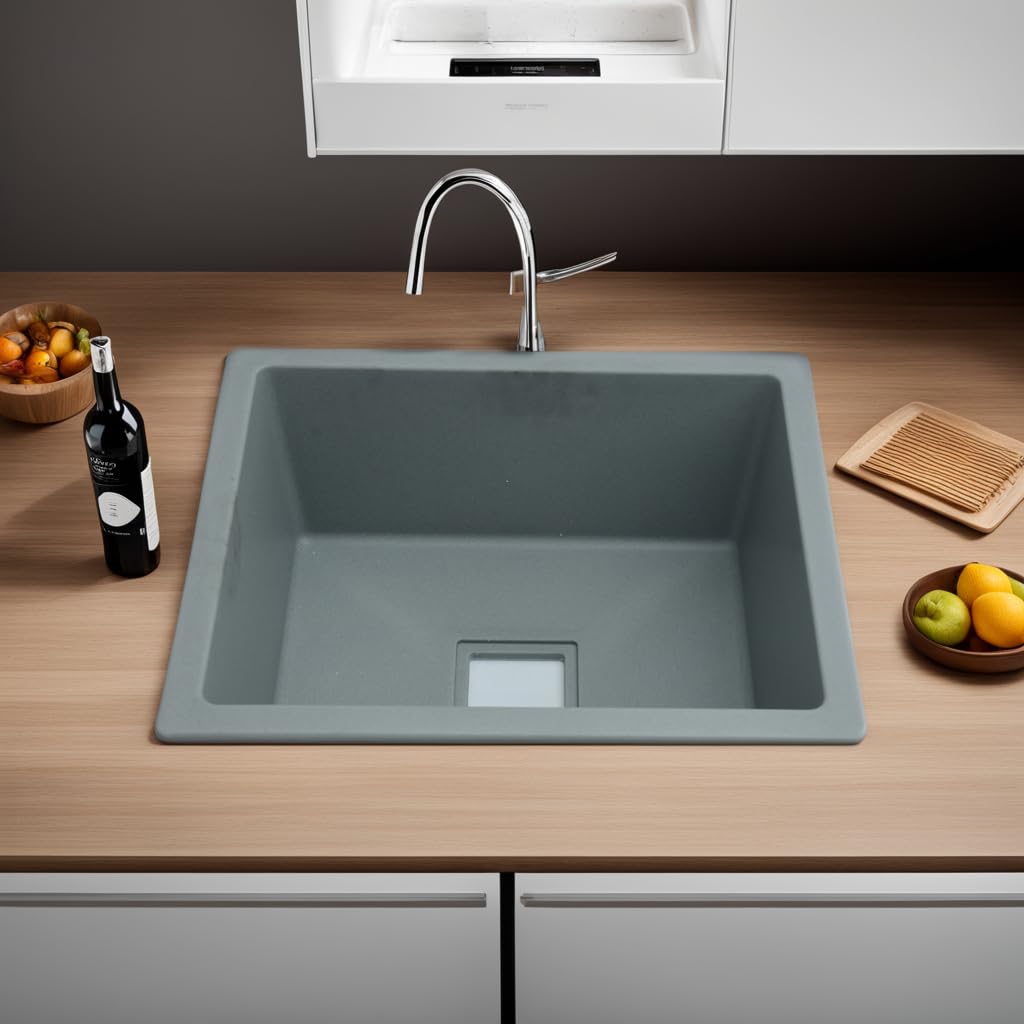 REMANENCE Granite Quartz Single Bowl Kitchen Sink With Drain Board (21 x 18 x 9 Inch)