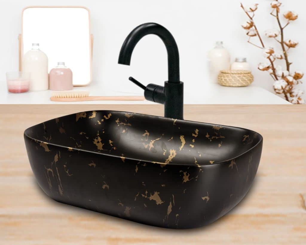REMANENCE Premium Ceramic Countertop Wash Basin for Premium Restaurants & Cafés, Luxury Bathrooms, Showrooms & Offices (18 x 13 x 5.5 Inch) (Matte Black Golden Design)