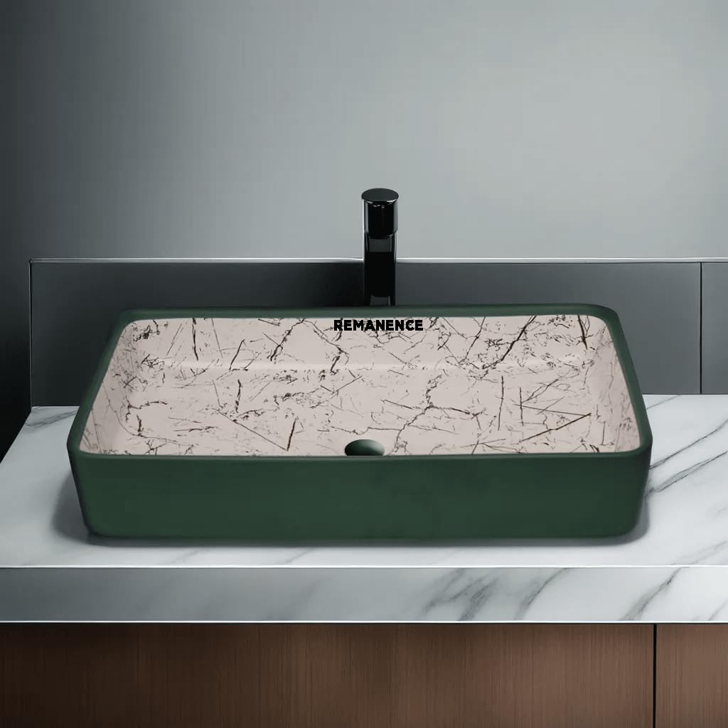 REMANENCE Designer Ceramic Table Top Wash Basin For Bathroom (24 x 14 x 5 Inch) (Deigner Matte Green Stripe SL 65)