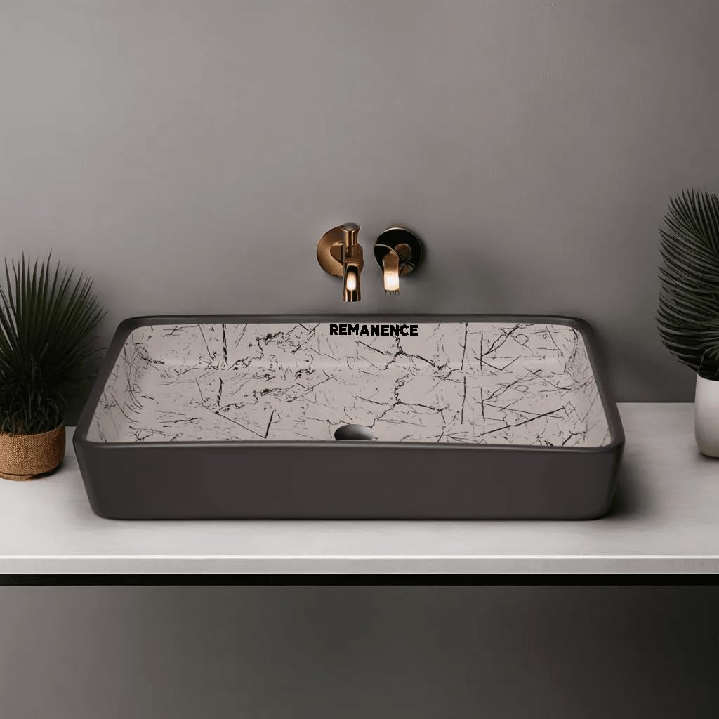 REMANENCE Designer Ceramic Table Top Wash Basin For Bathroom (24 x 14 x 5 Inch) (Designer Grey N White Stripe SL 62)