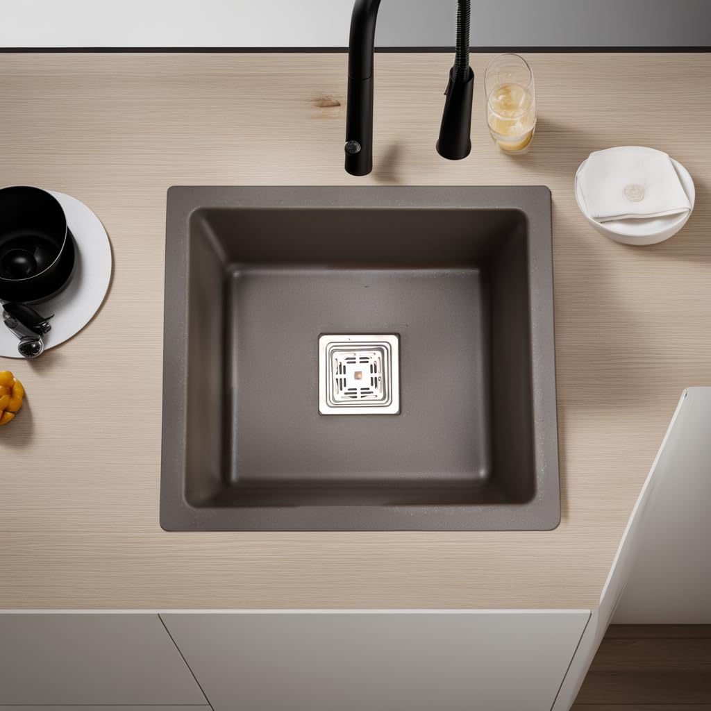 REMANENCE Granite Quartz Single Bowl Kitchen Sink With Drain Board (16 X 18 X 9 Inches)