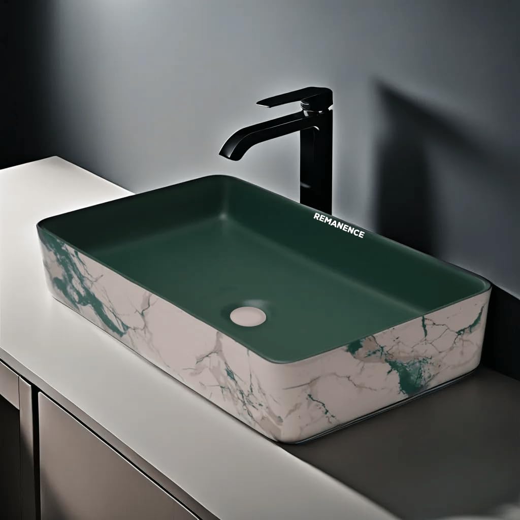 REMANENCE Designer Ceramic Table Top Wash Basin For Bathroom (24 x 14 x 5 Inch) (Designer Green N White SL 57)