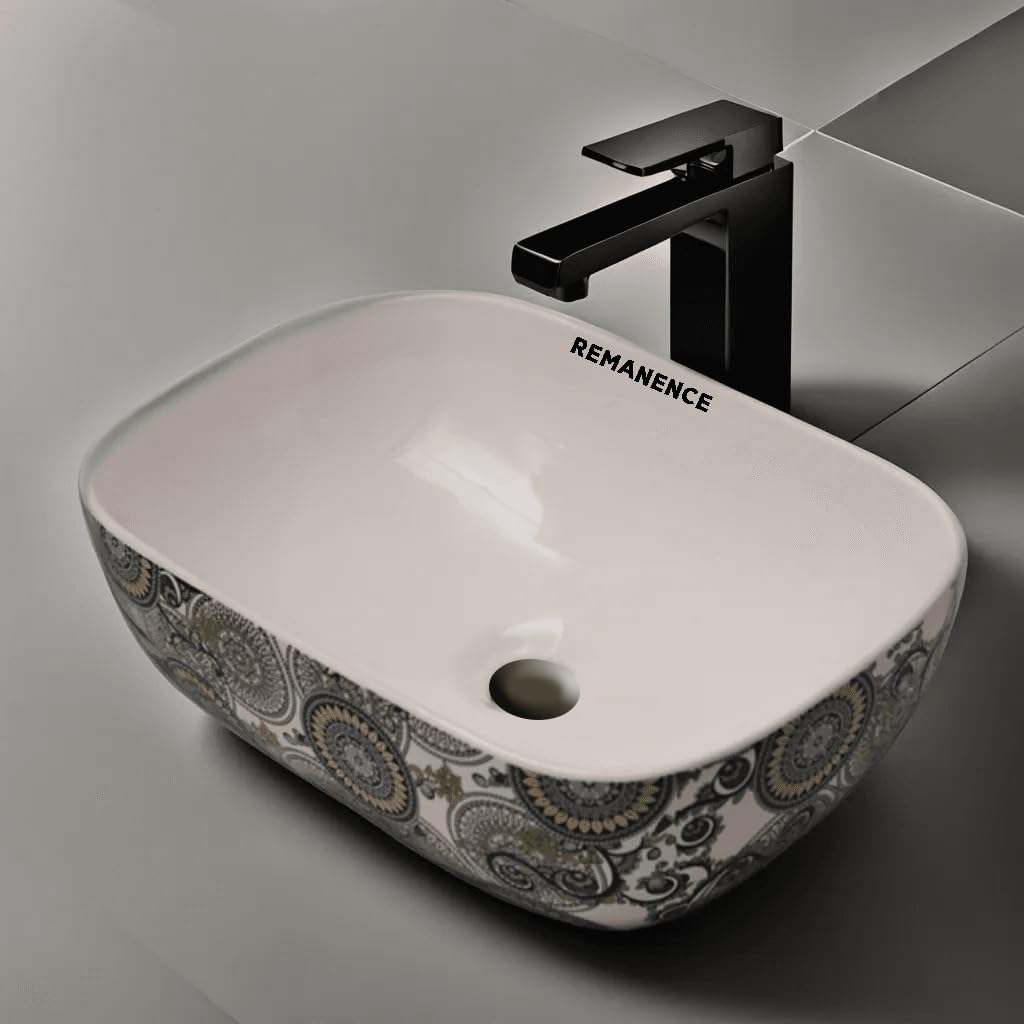 REMANENCE Premium Designer Table Top Wash Basin For Designer Bathrooms, Luxury Homes, Boutique Hotels (18 x 13 x 5.5 Inch) (AD 01 White N Green)