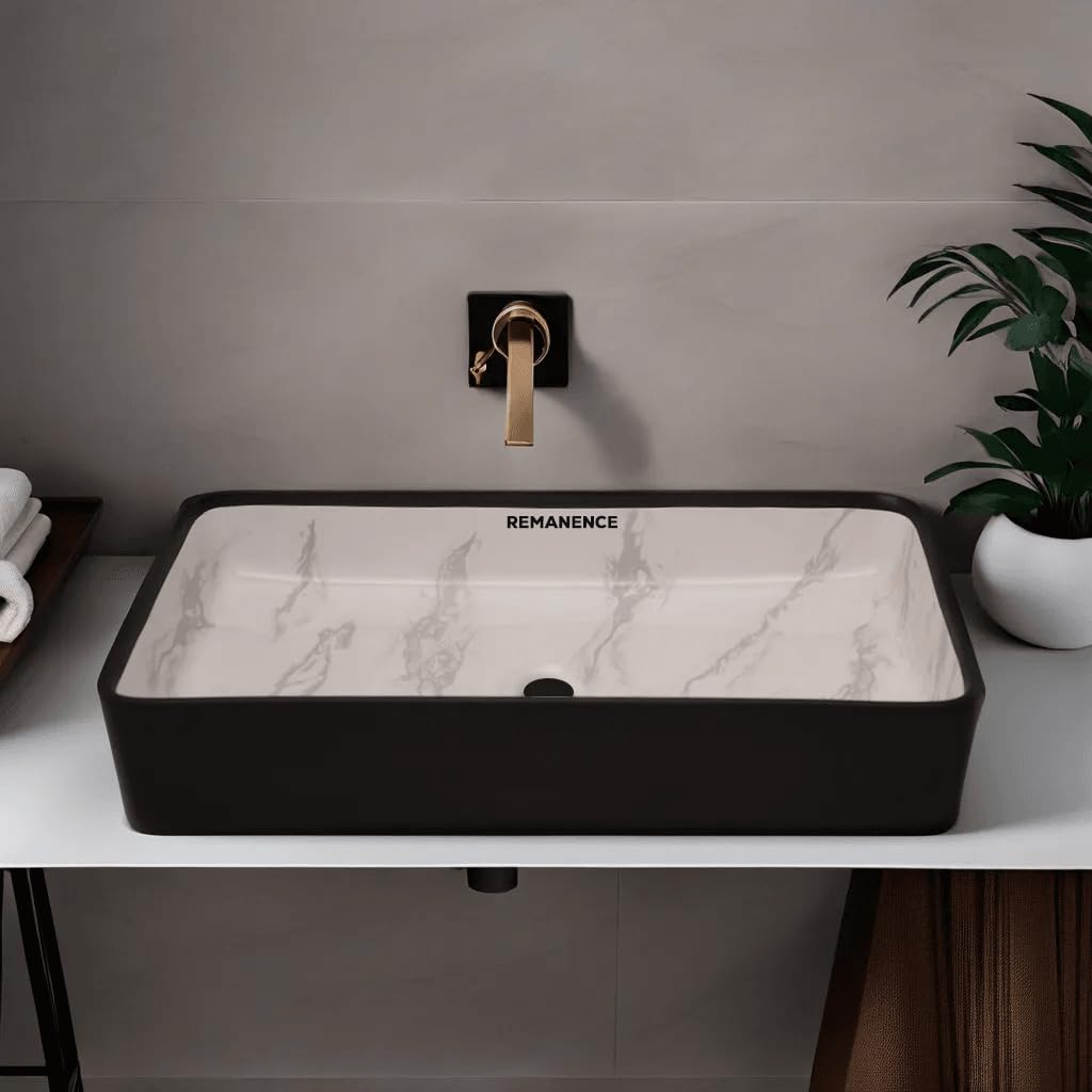 REMANENCE Designer Ceramic Table Top Wash Basin For Bathroom (24 x 14 x 5 Inch) (Designer Black N Grey Stripe SL 66)