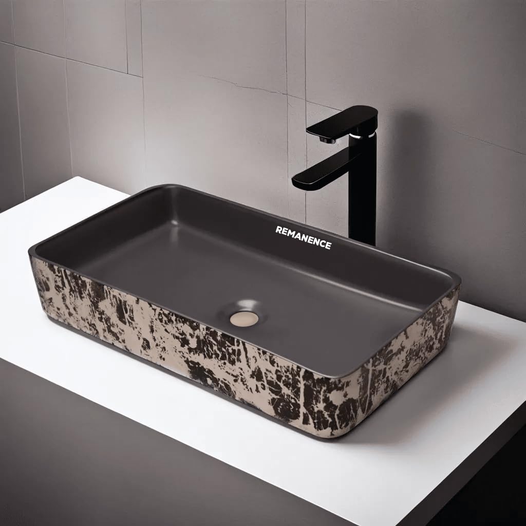 REMANENCE Designer Ceramic Table Top Wash Basin For Bathroom (24 x 14 x 5 Inch) (Designer Grey N White Black SL 53)