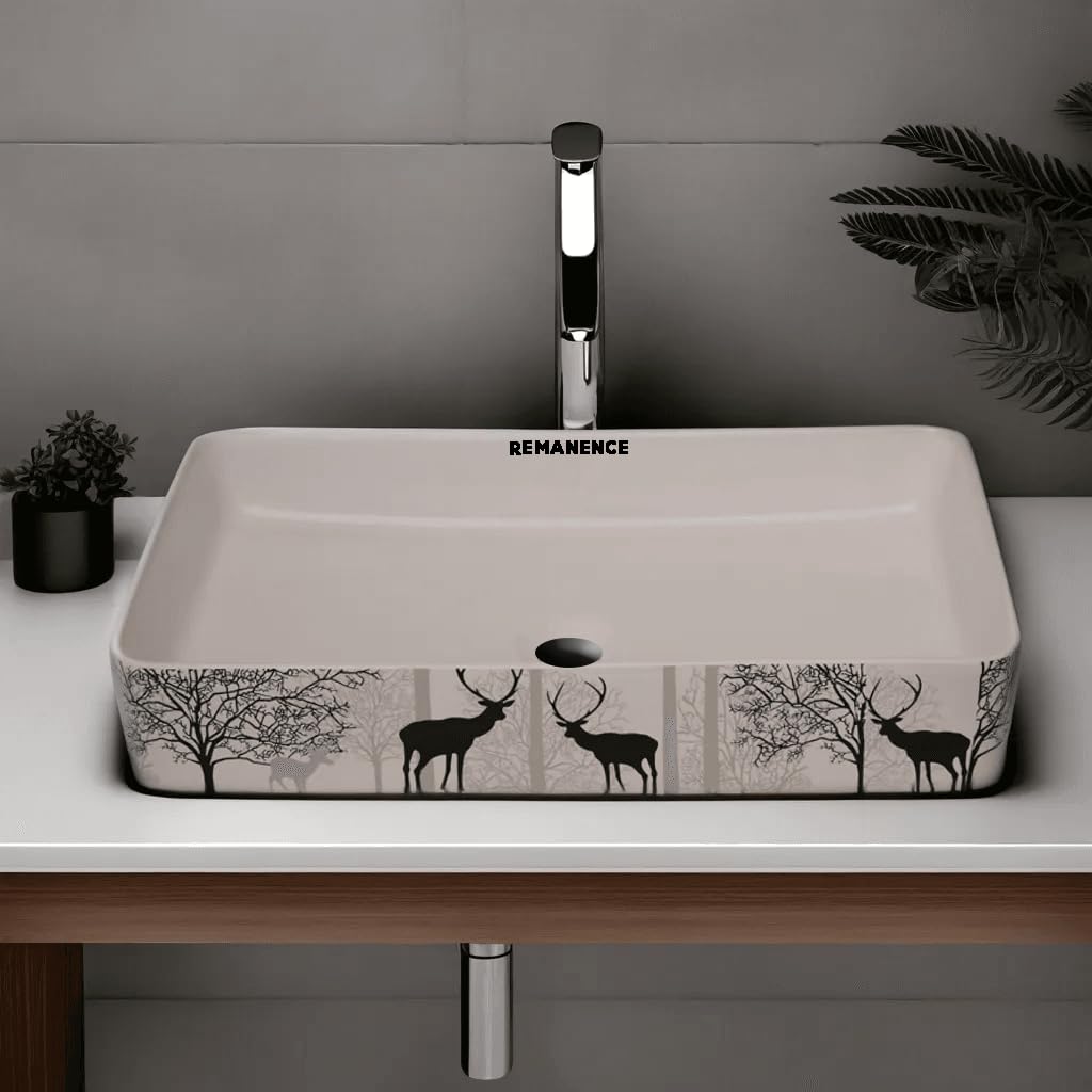 REMANENCE Designer Ceramic Table Top Wash Basin For Bathroom (24 x 14 x 5 Inch) (Animal Print SL 06)