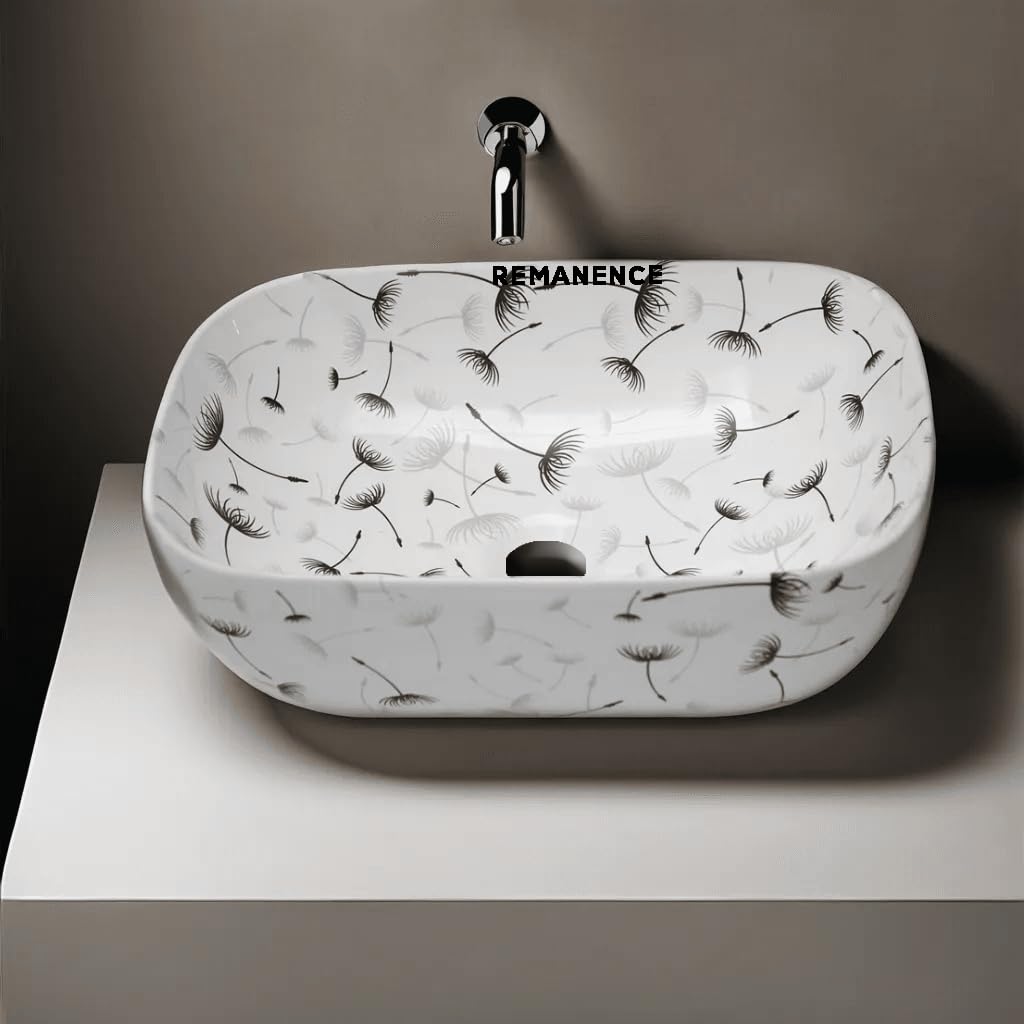 REMANENCE Premium Designer Table Top Wash Basin For Designer Bathrooms, Luxury Homes, Boutique Hotels (18 x 13 x 5.5 Inch) (AD 68 Flower Design)