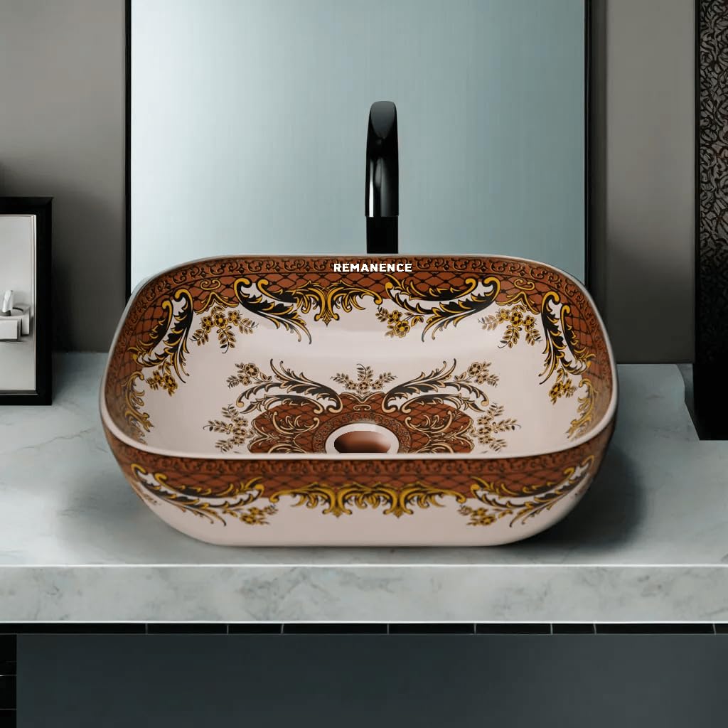 REMANENCE Premium Designer Table Top Wash Basin For Designer Bathrooms, Luxury Homes, Boutique Hotels (18 x 13 x 5.5 Inch) (AD 96 Moroccan Brown Design)