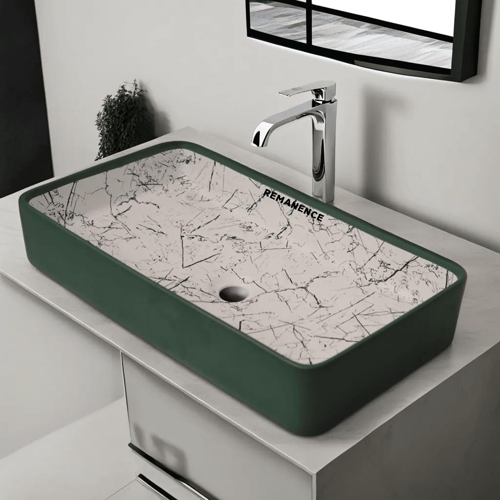 REMANENCE Designer Ceramic Table Top Wash Basin For Bathroom (24 x 14 x 5 Inch) (Deigner Matte Green Stripe SL 65)