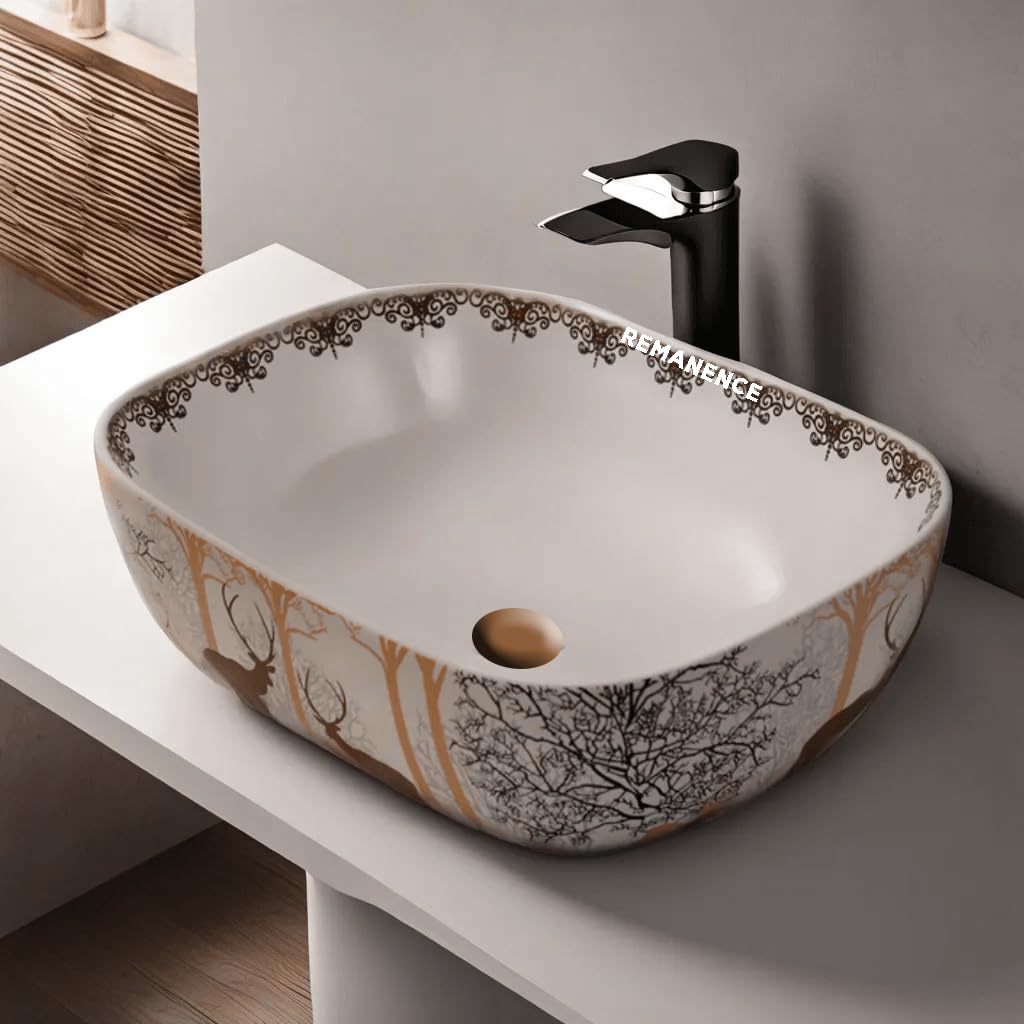 REMANENCE Premium Designer Table Top Wash Basin For Designer Bathrooms, Luxury Homes, Boutique Hotels (18 x 13 x 5.5 Inch) (AD 15 Animal Printed)