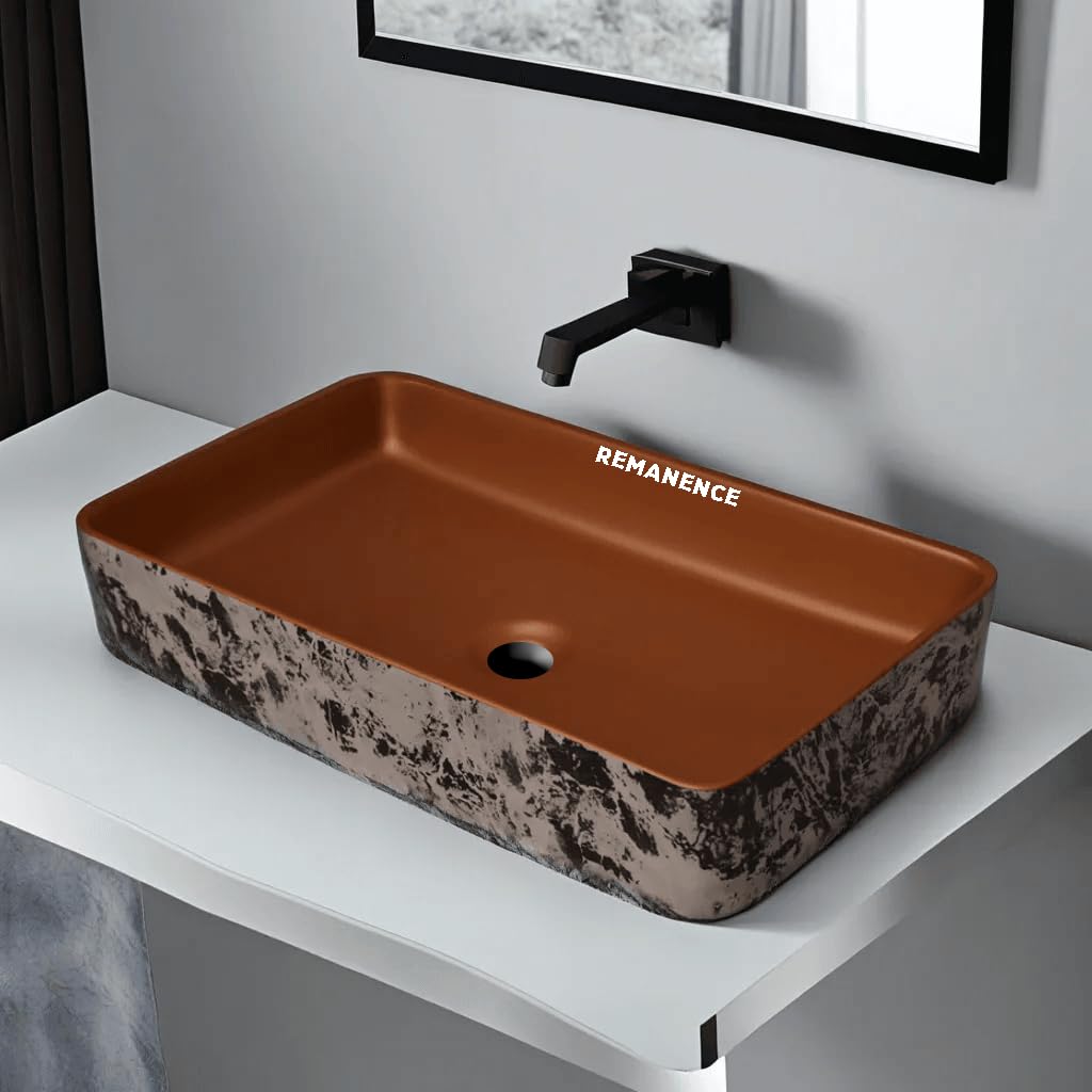 REMANENCE Designer Ceramic Table Top Wash Basin For Bathroom (24 x 14 x 5 Inch) (Brown N White Black SL 51)
