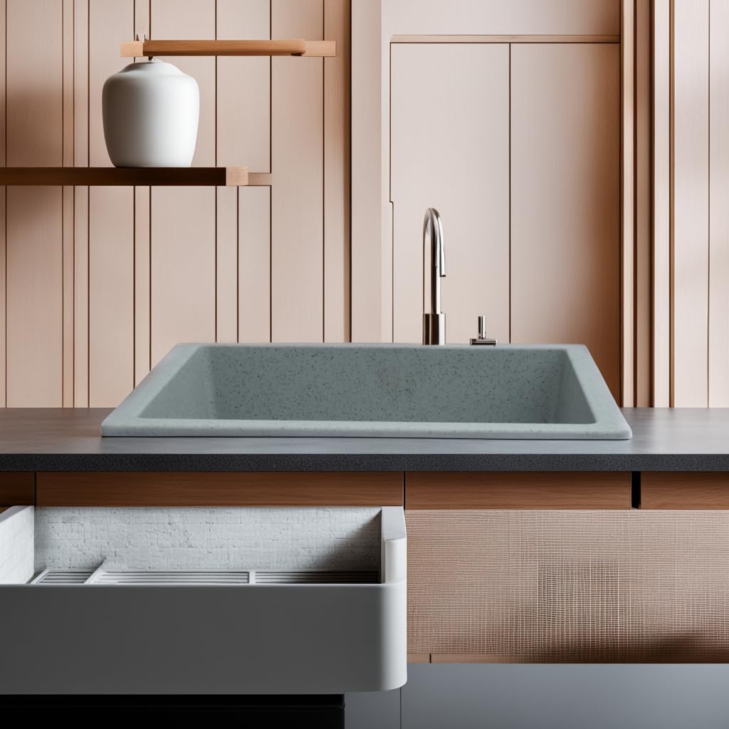 REMANENCE Granite Quartz Single Bowl Kitchen Sink With Drain Board (21 x 18 x 9 Inch)