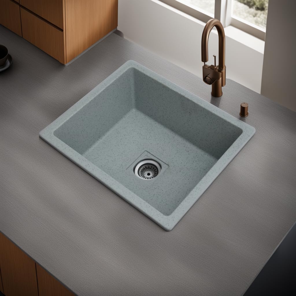 REMANENCE Granite Quartz Single Bowl Kitchen Sink With Drain Board (21 x 18 x 9 Inch)
