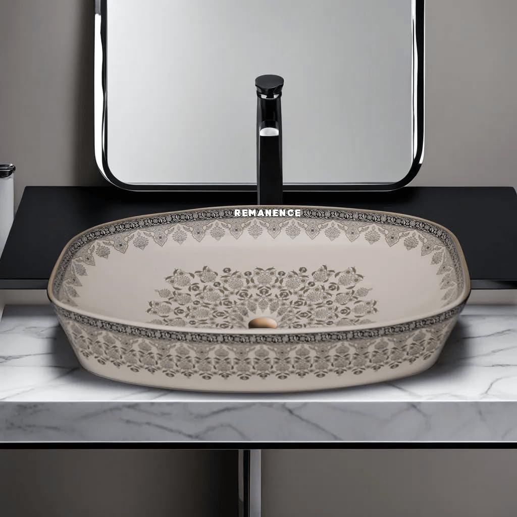 REMANENCE Designer Ceramic Table Top Wash Basin for Luxury Bathrooms, Premium Restaurants & Cafés, Boutique Hotels & Resorts, Showrooms & Offices (24 x 15 x 5 Inch) (Moroccan Design CL 91)