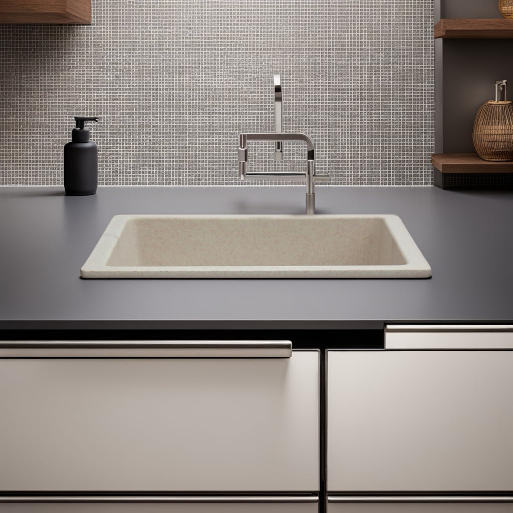 REMANENCE Granite Quartz Single Bowl Kitchen Sink With Drain Board (24 x 18 x 9 Inch)