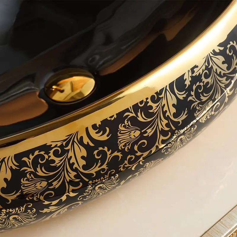 REMANENCE Premium Countertop Wash Basin for High-End Restaurants, Boutique Hotel & Resort, Gourmet Cafés (24 x 16 x 6 Inch) (Glossy Black Golden Basin-Abstract Design)