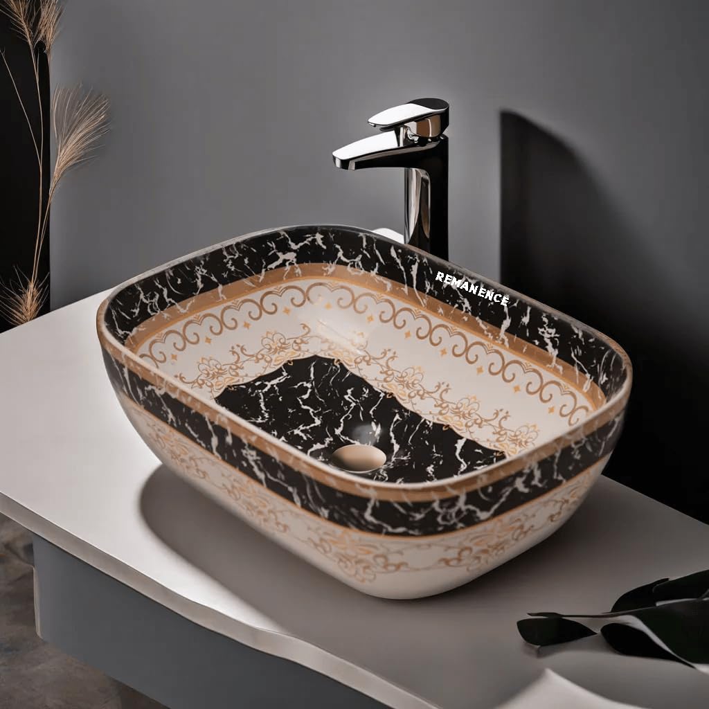 REMANENCE Premium Designer Table Top Wash Basin For Designer Bathrooms, Luxury Homes, Boutique Hotels (18 x 13 x 5.5 Inch) (AD 93 Moroccan White Black Design)