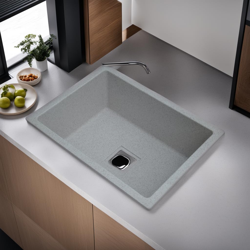 REMANENCE Granite Quartz Single Bowl Kitchen Sink With Drain Board (24 x 18 x 9 Inch)