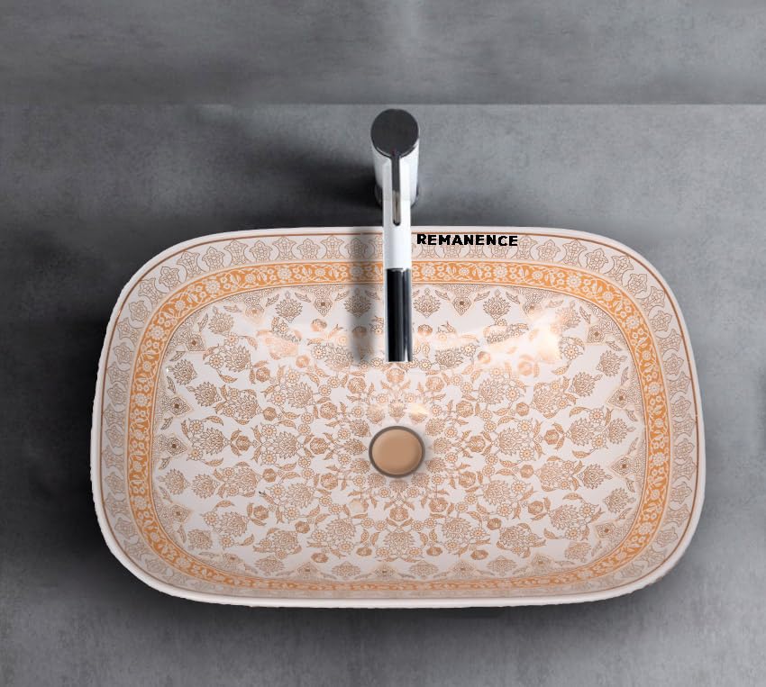 REMANENCE Premium Designer Table Top Wash Basin For Designer Bathrooms, Luxury Homes, Boutique Hotels (18 x 13 x 5.5 Inch) (AD 92 Moroccan Gold-Yellow Design)