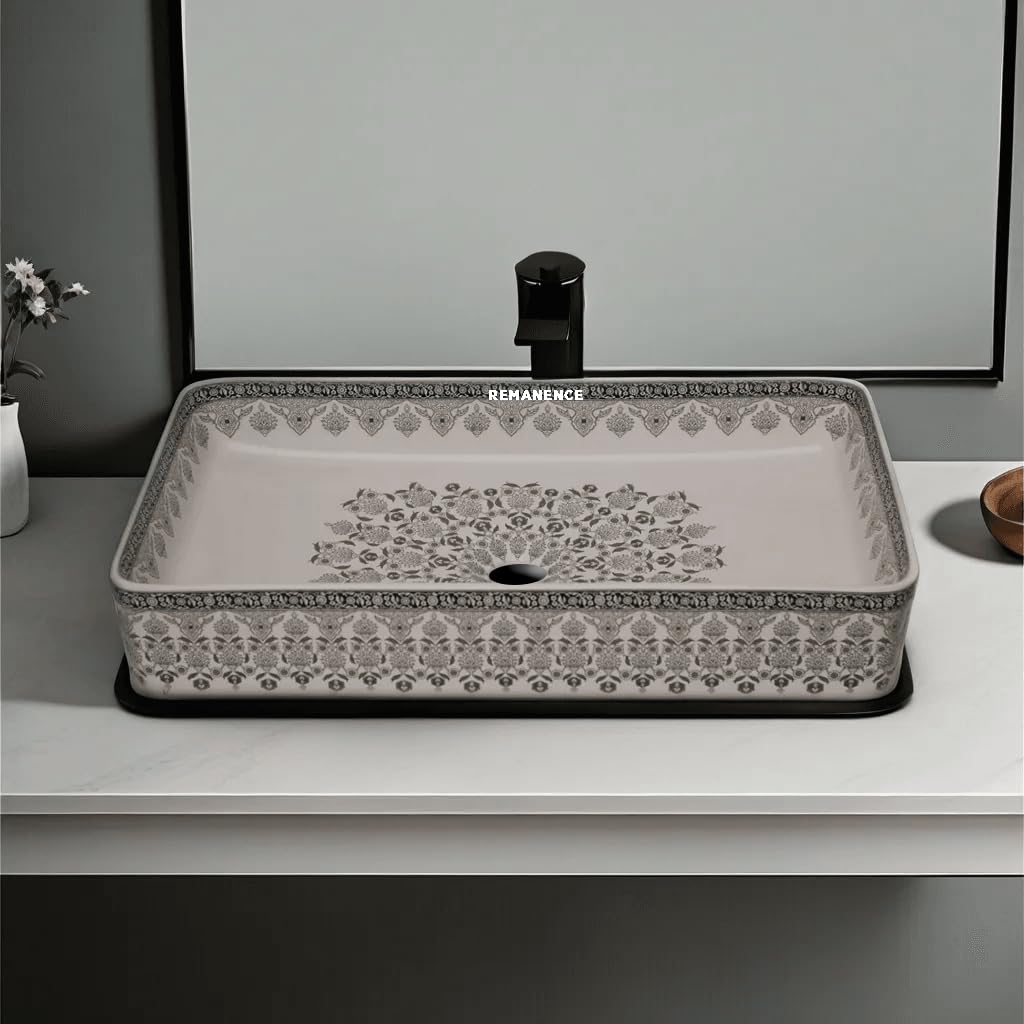 REMANENCE Designer Table Top Wash Basin For Bathroom (24 x 14 x 5 Inch) (Moroccan Design White N Black SL 91)