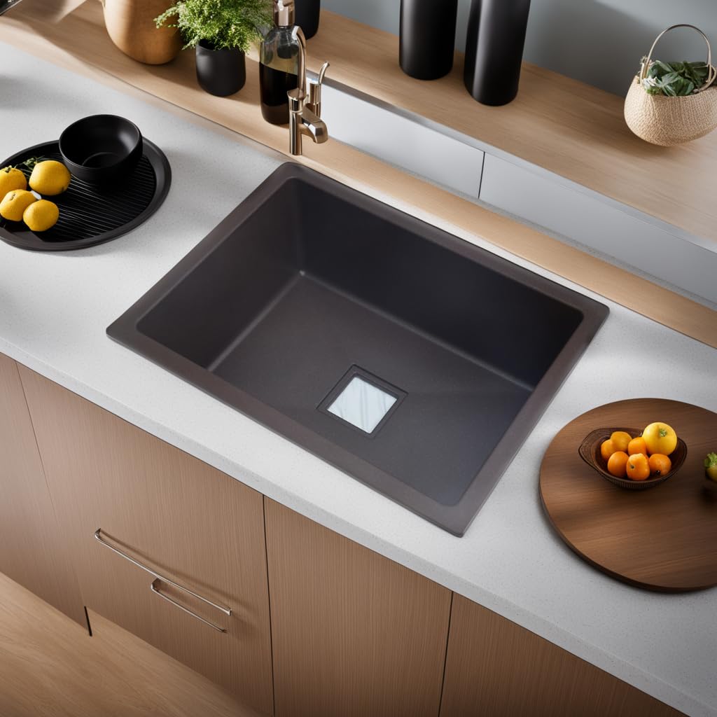 REMANENCE Granite Quartz Single Bowl Kitchen Sink With Drain Board (24 x 18 x 9 Inch)