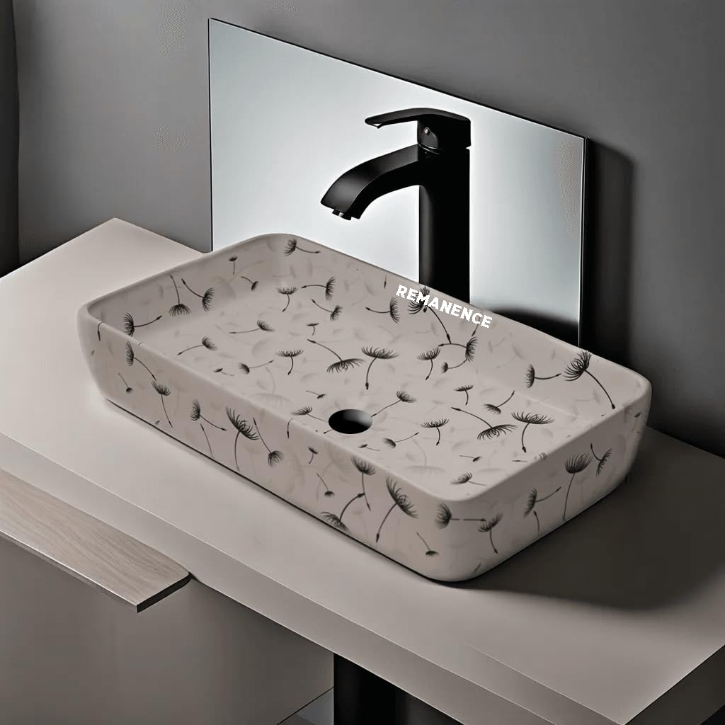 REMANENCE Designer Ceramic Table Top Wash Basin For Bathroom (24 x 14 x 5 Inch) (White N Black Flower SL 05)